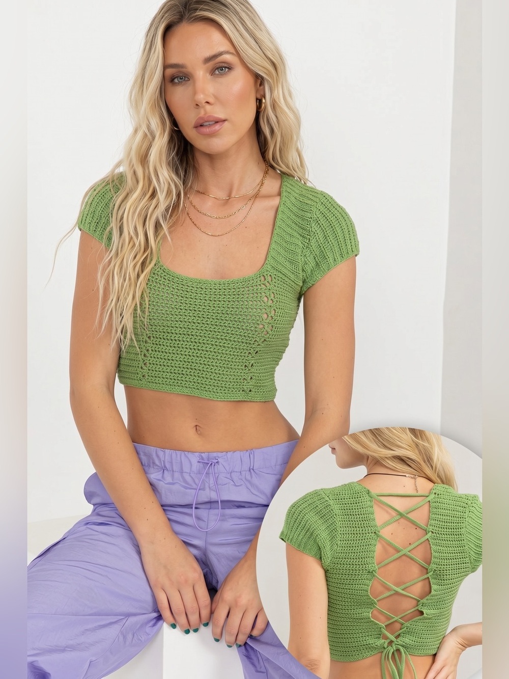 Double Zero Green Crochet Lace-Up Back Crop Top